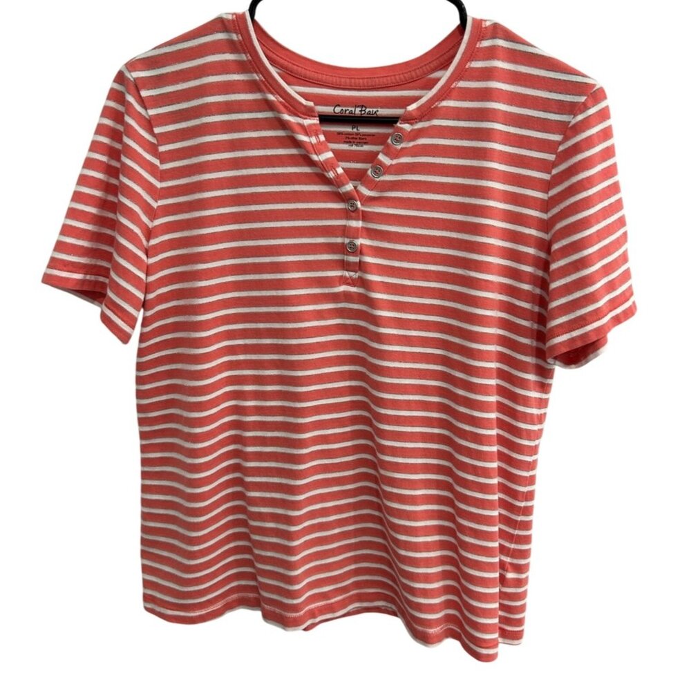 Coral Bay Womens Petite Striped Short Sleeve Henley Top Size PL